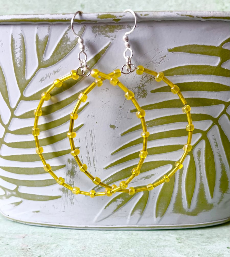 Large Yellow Seed Bead Hoop Earrings - Silver