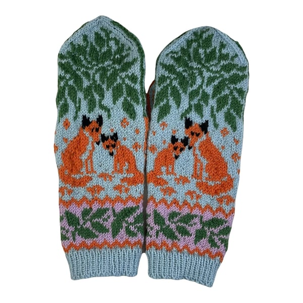 fox mittens, animal mittens, hand knitted mittens, handknit mittens, wool mitten