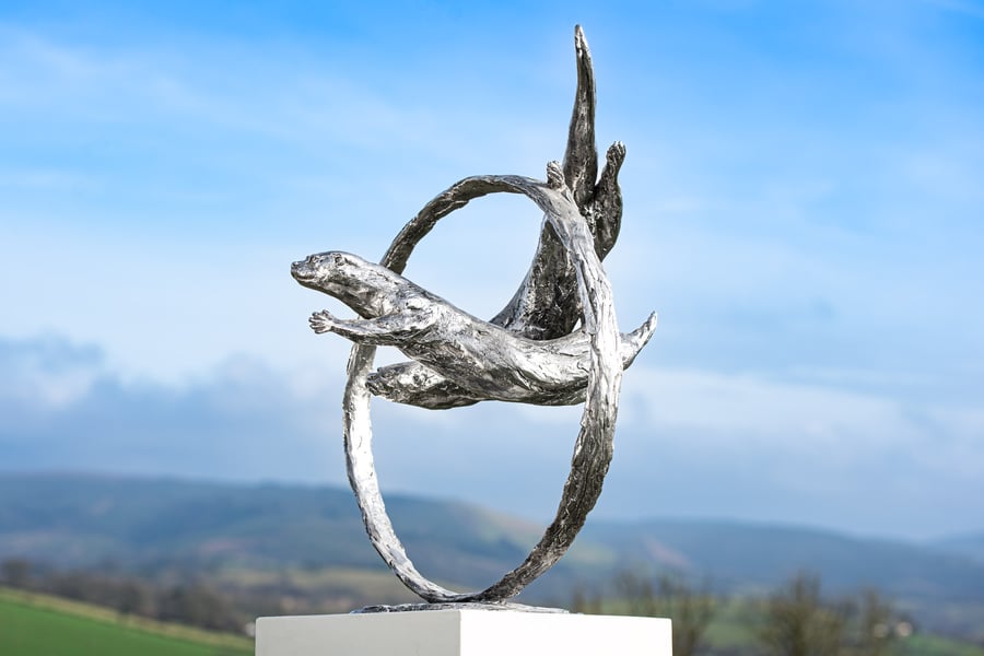 Otters Swimming Through Ring Stainless Steel Metal Sculpture 