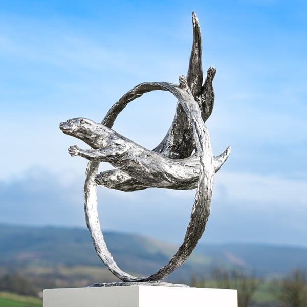 Otters Swimming Through Ring Stainless Steel Metal Sculpture 