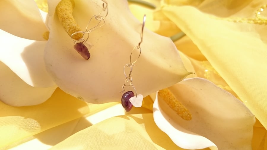 Crochet sterling silver wire earrings with amethyst and rose quartz