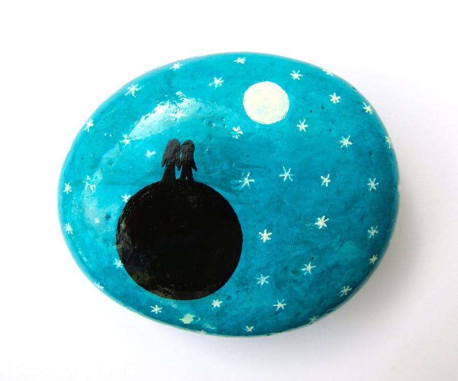 Painted Rock, Moon Stars Couple on Earth Painting, Romantic Love Gift, Space Art