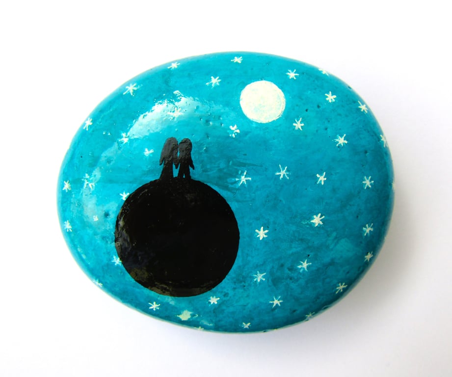 Painted Rock, Moon Stars Couple on Earth Painting, Romantic Love Gift, Space Art