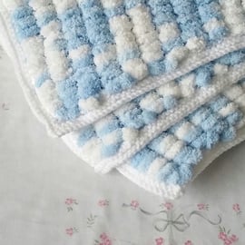 Blue Pompom Babies Blanket, hand-knitted