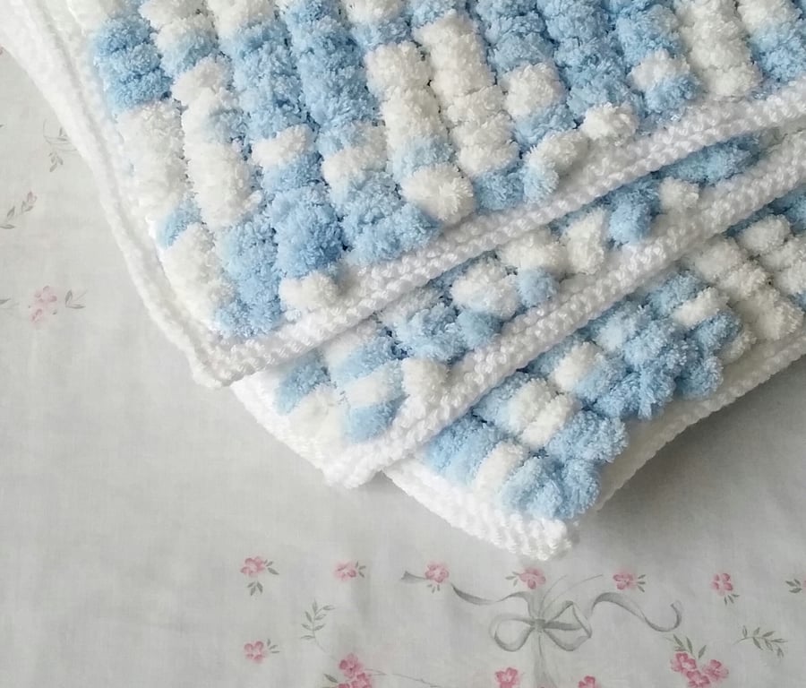 Blue Pompom Babies Blanket, hand-knitted