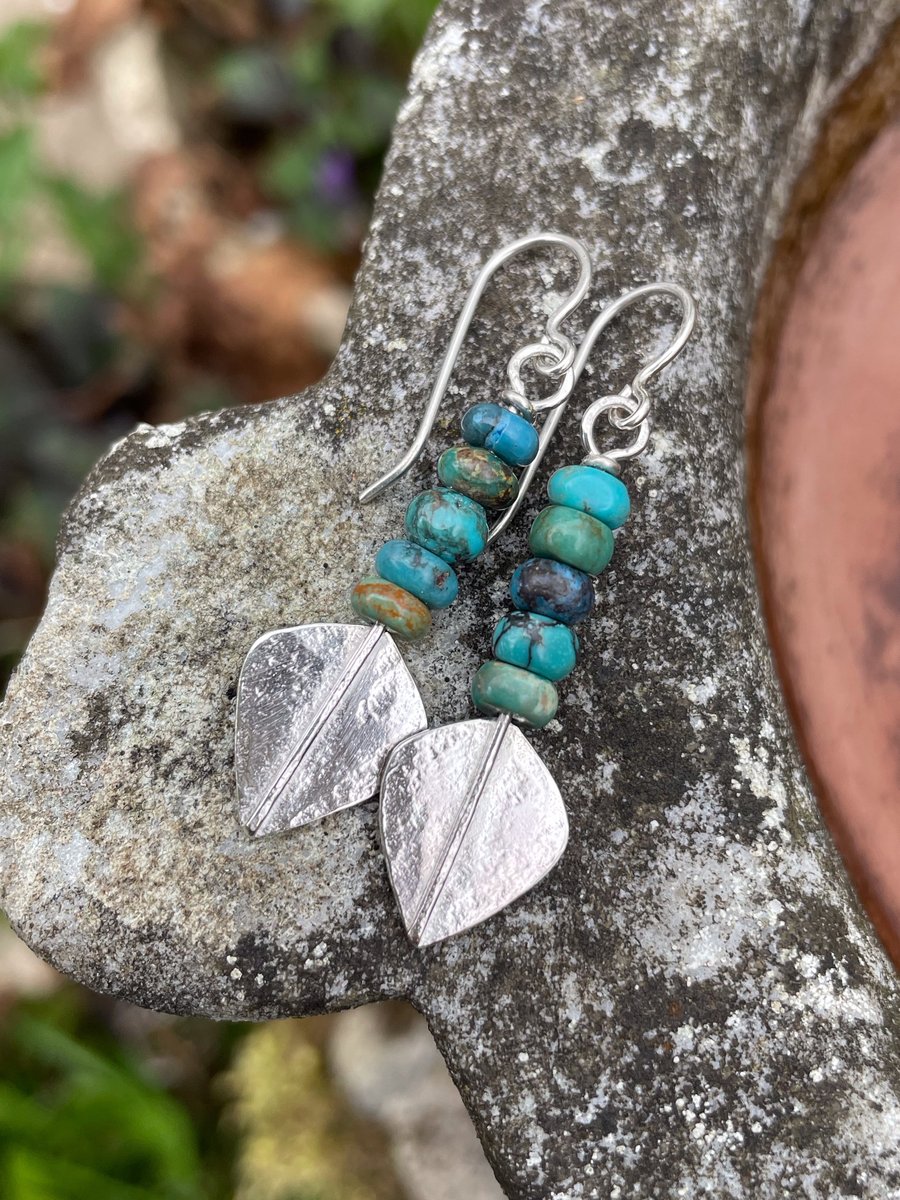 Silver and turquoise long spear earrings
