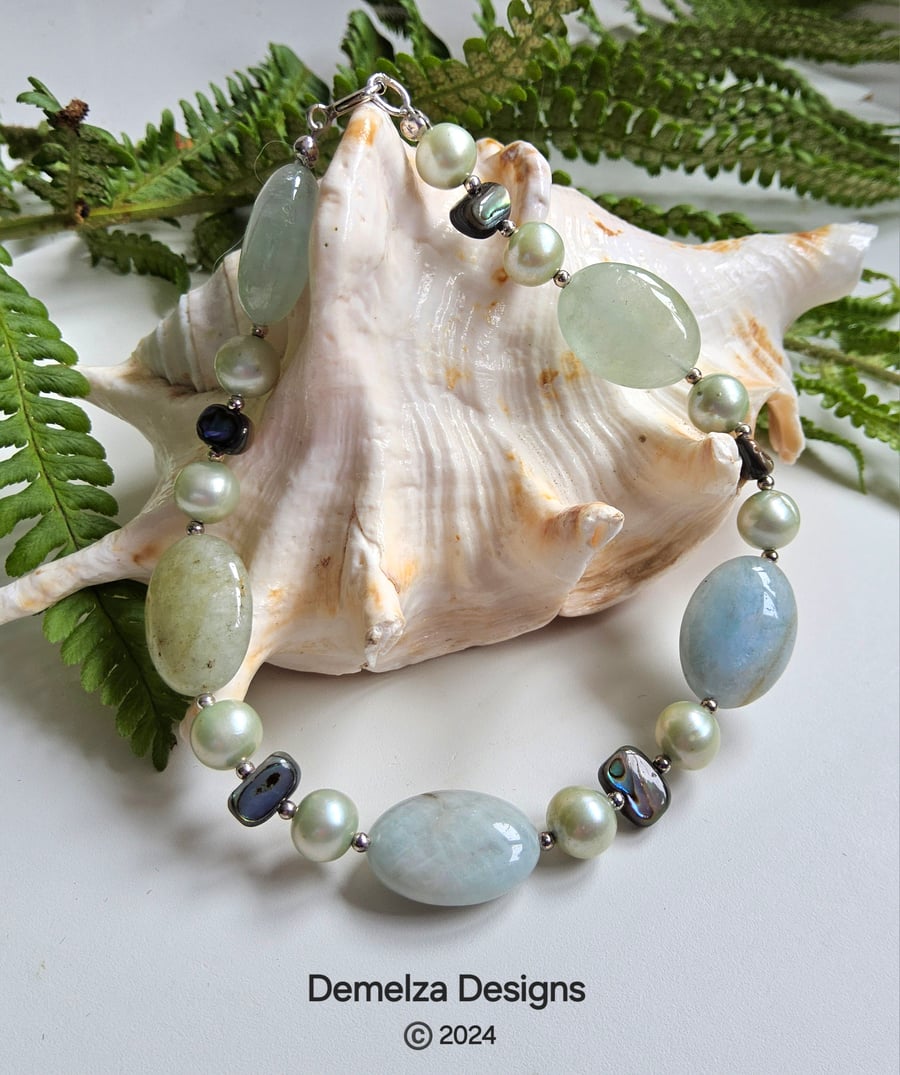 Aquamarine, Freshwater Pearl, Abolone Shell Sterling Silver Bracelet