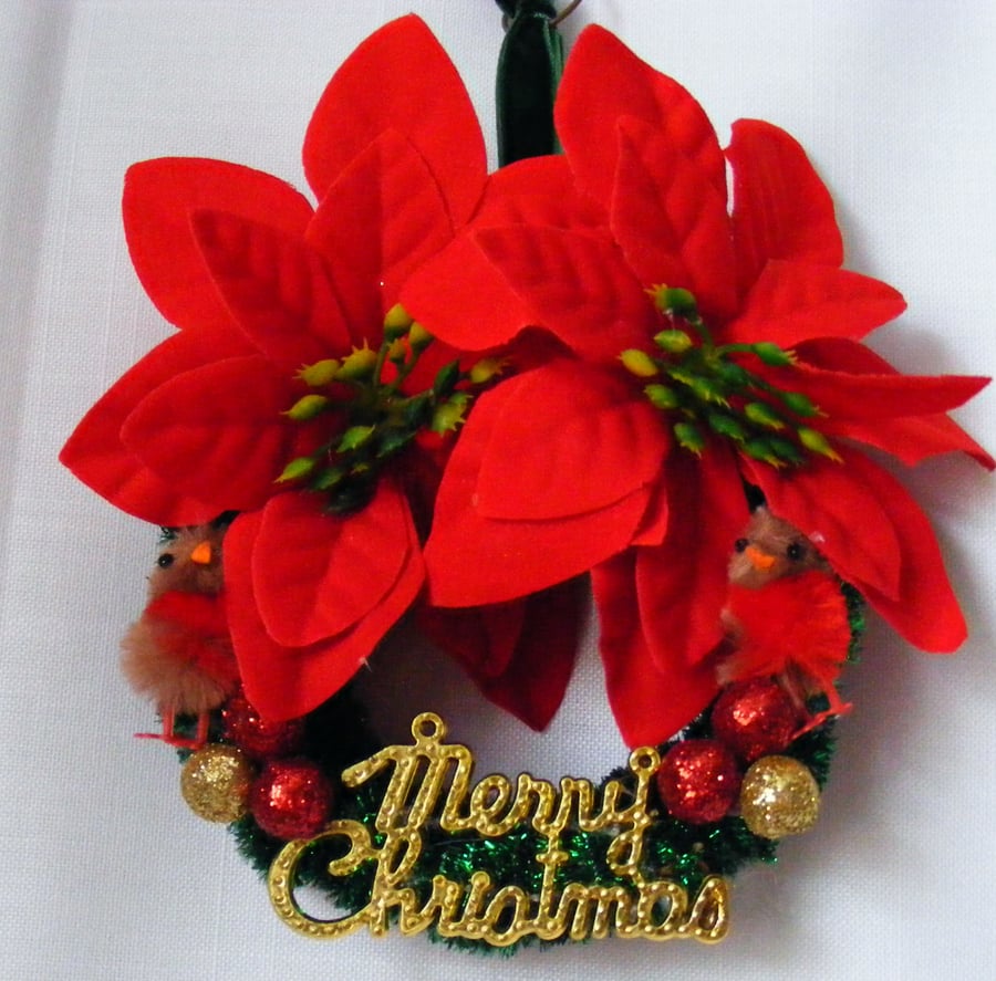 Handmade Poinsettia and fluffy robins christmas wreath. 