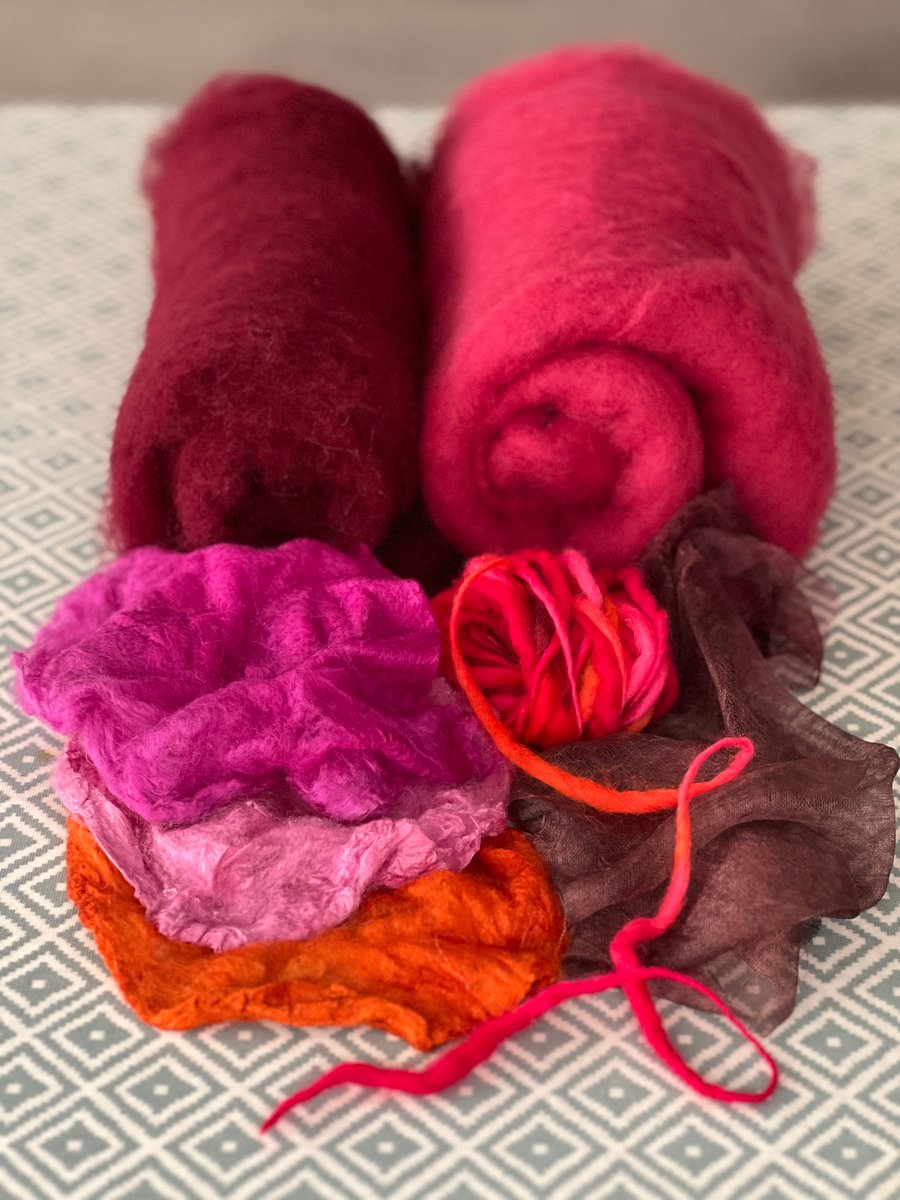 Nuno Felt Hat and Cowl on a Ball Course - Pinks and Red Materials Kit