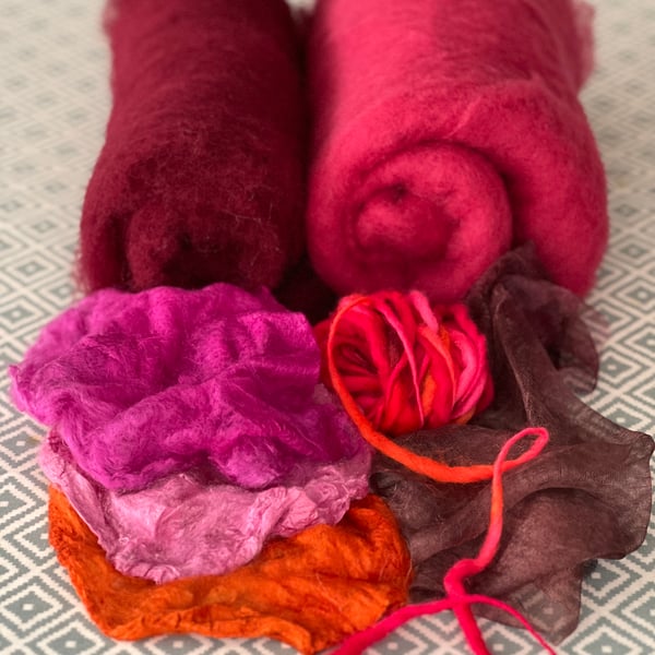 Nuno Felt Hat and Cowl on a Ball Course - Pinks and Red Materials Kit