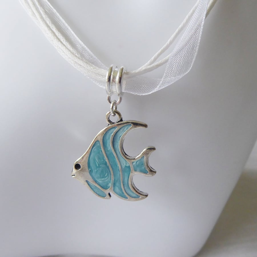 White Ribbon & Cord Adjustable Necklace with Blue Enamelled Angel Fish Pendant