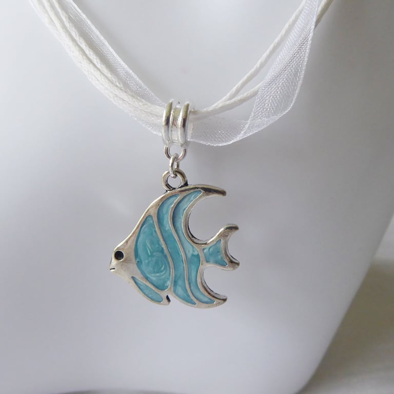White Ribbon & Cord Adjustable Necklace with Blue Enamelled Angel Fish Pendant