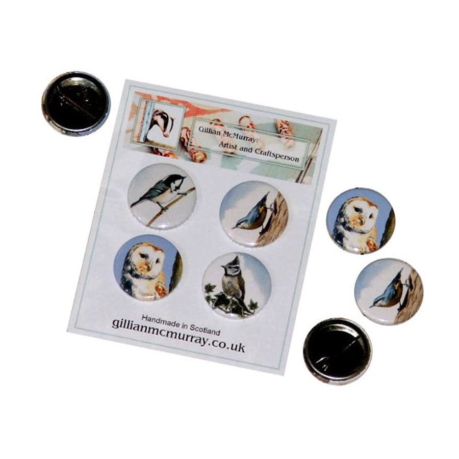 Garden bird button badges - set of 4, 1 inch (25mm) diameter