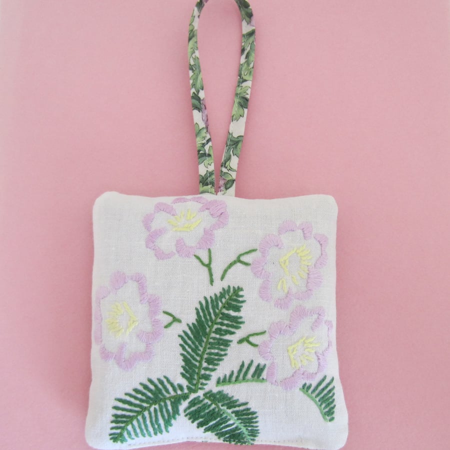 SALE Lavender Bag Vintage Embroidered Flower and Leaf Design with Hanging Loop