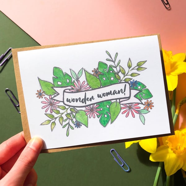 Wonder Woman! A6 Hand Painted Tropical Card Birthday Card for Mum, Female Friend