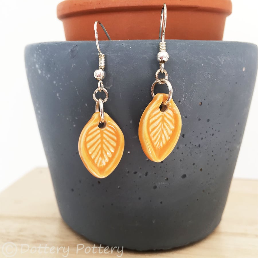 Handmade ceramic leaf earrings on sterling silver ear wires