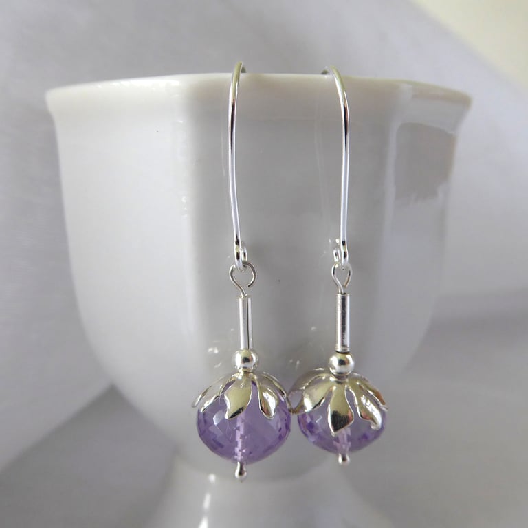 Pink Amethyst Flower Bud Earrings with Sterling & Fine Silver
