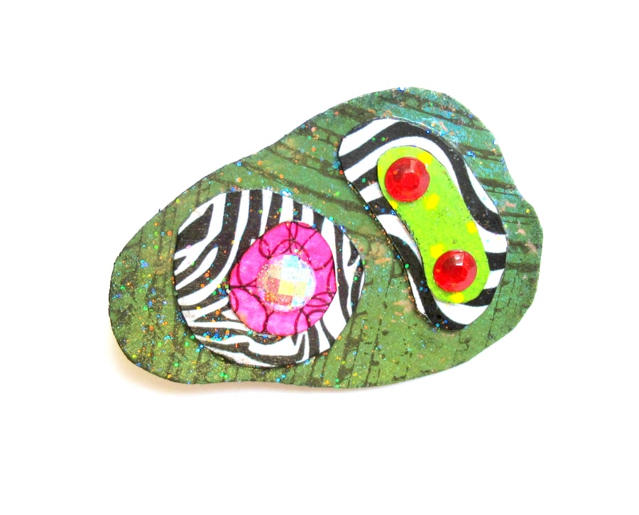 Avant Garde Brooch Fun Green Pink Zebra Stripes Quirky Painted Paper Jewellery