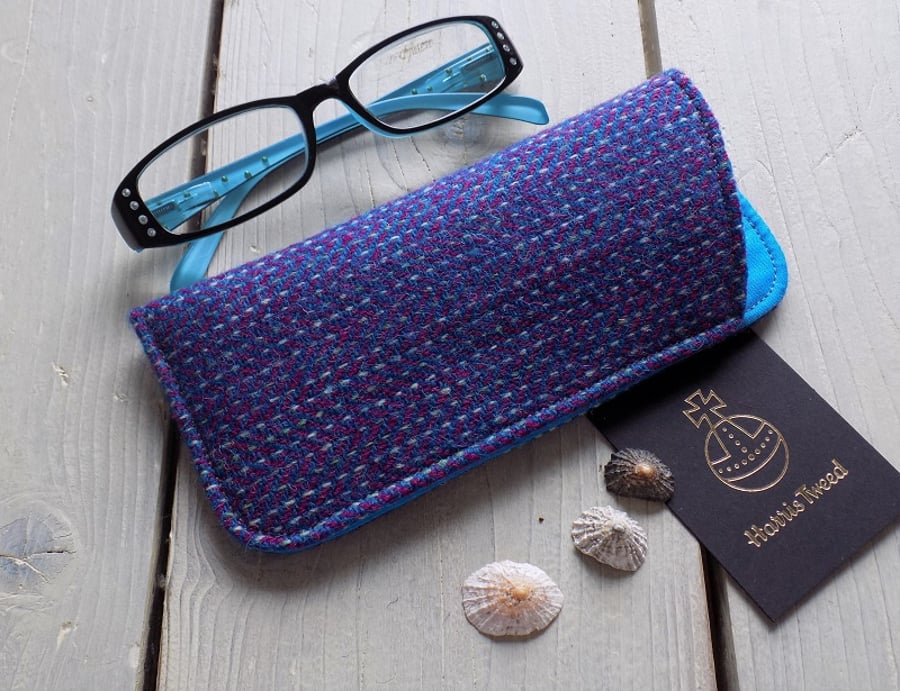 Harris Tweed eyeglasses case in blue, magenta and white pinstripe
