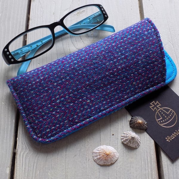 Harris Tweed eyeglasses case in blue, magenta and white pinstripe