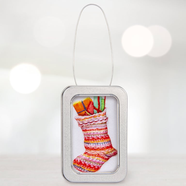 Christmas stocking decoration, 3D stocking in a little tin, 