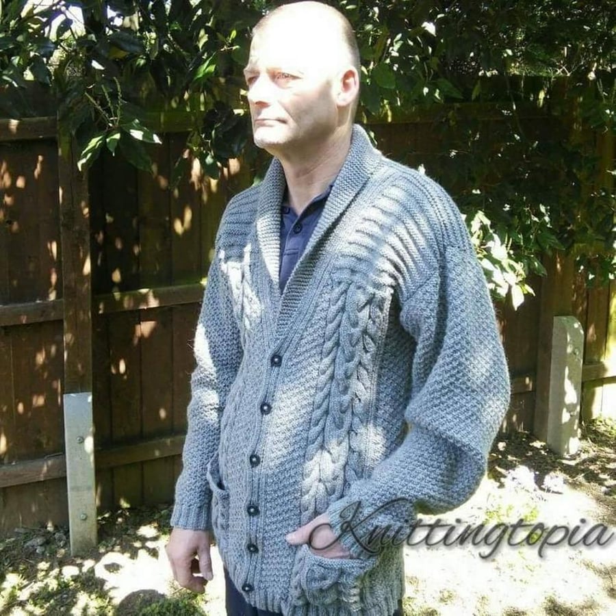 Hand knitted mens jacket cardigan aran style with front pockets S - XXXL