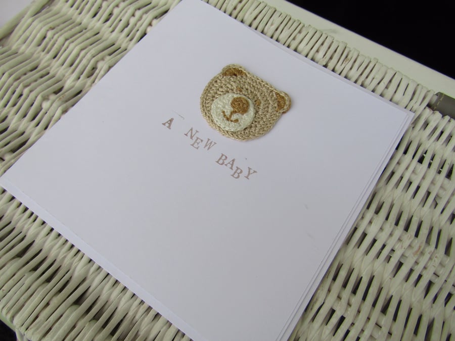 Crochet teddy baby boy card 