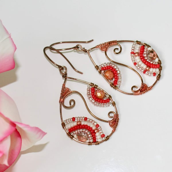 Bronze and red beaded wire wrapped earrings