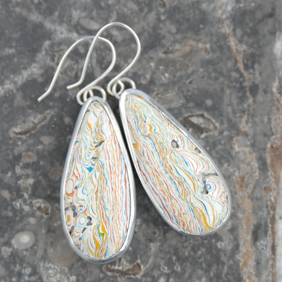 Boatite earrings - blue and yellow marbled