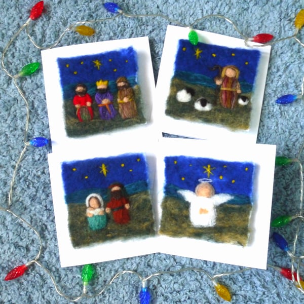 Set of 4 Handmade Needle Felted Nativity Collection Christmas Cards
