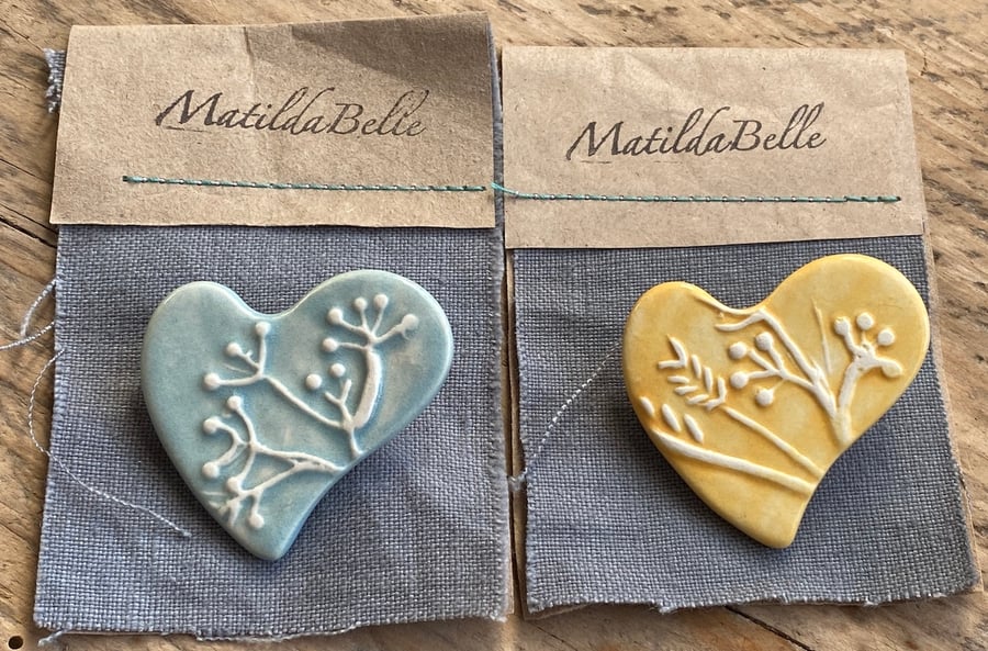 Choice of Handmade Ceramic Heart Shaped Botanical Brooch 