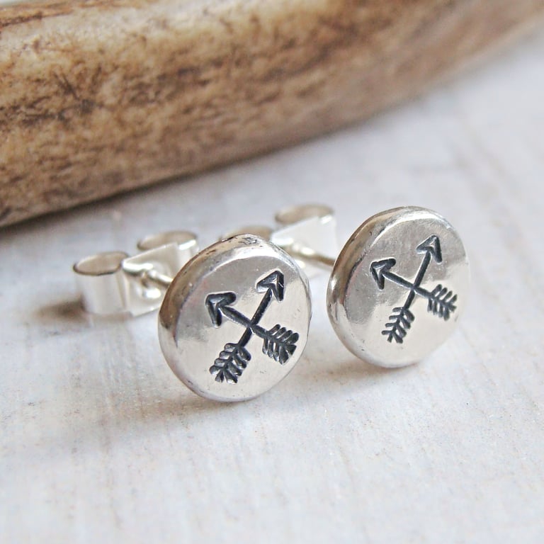 Sterling Silver Pebble Stud Earrings with Crossed Arrow Stamped Design