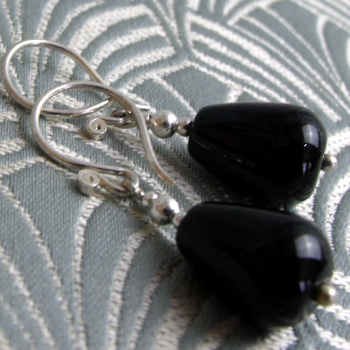 Short Black Earrings UK, Semi-precious Earrings, Black Dangle Earrings CC71