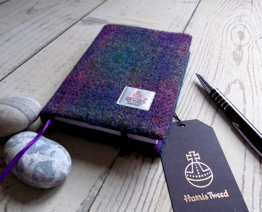 A6 Harris Tweed covered 2020 diary in deep purple green tartan. Day per page