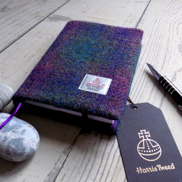 A6 Harris Tweed covered 2020 diary in deep purple green tartan. Day per page