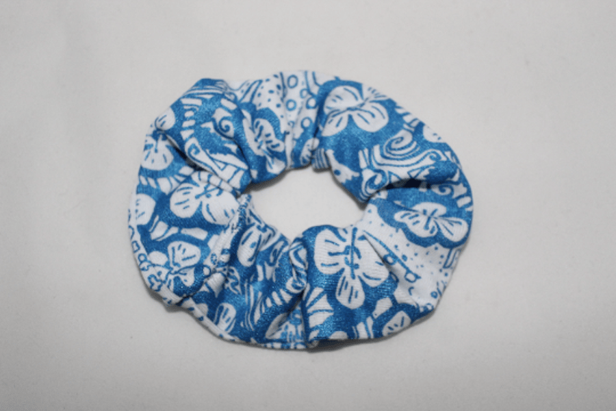 Elasticated metallic blue handprint floral scrunchie,handmade,zero waste,gift