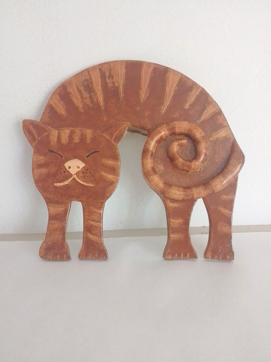 Pottery Cat wall art ornament, orange striped Cat pottery wall hanging plaque