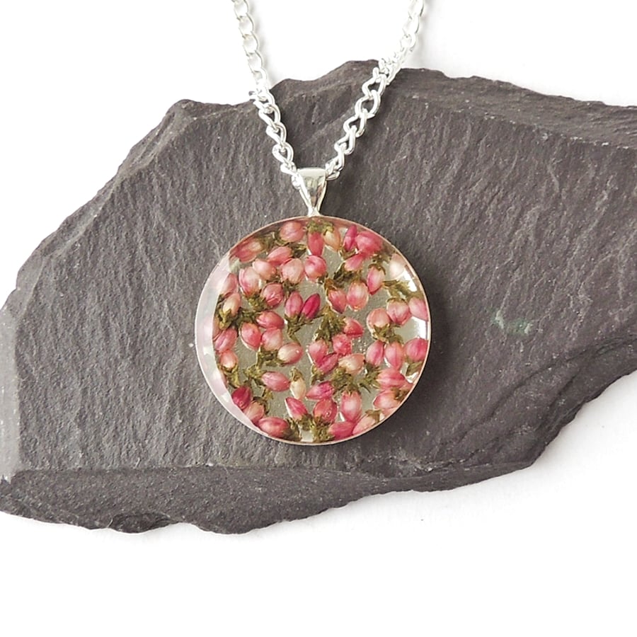 Round Pink Heather Necklace, 18" Chain  (SALE)  1883