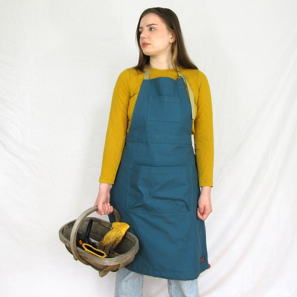 NEW! Gardening Apron with Pockets and Harvesting Skirt Pouch. Green-Blue Canvas