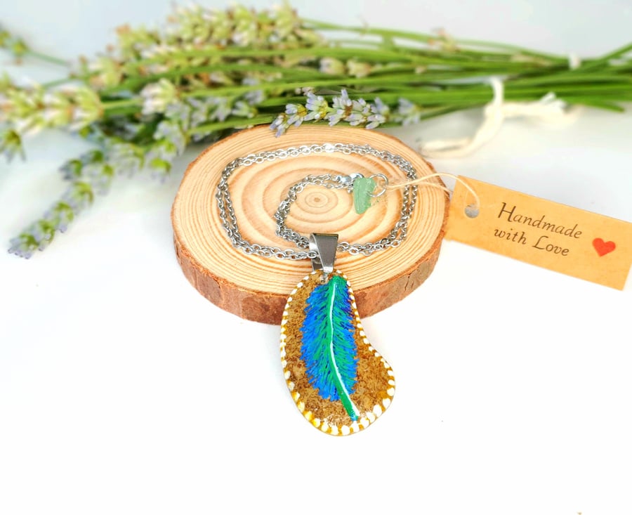 One-of-a-Kind Handpainted Feather Stone Necklace with Amazonite Crystal