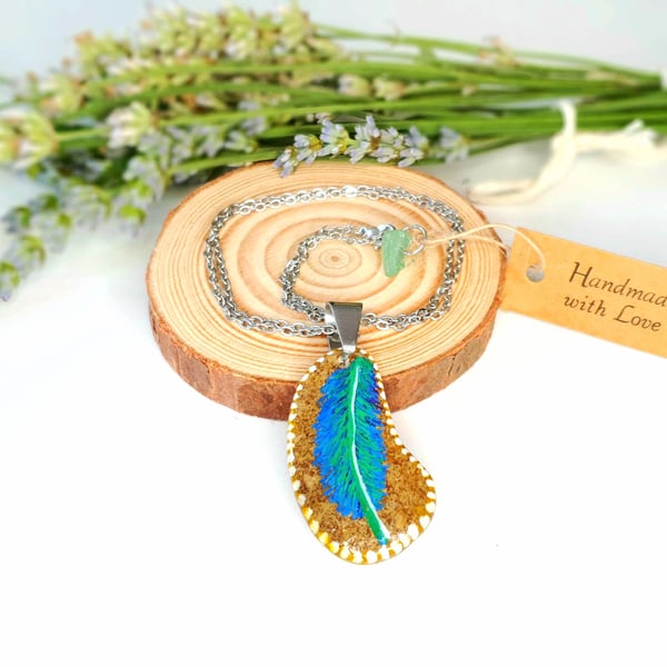 One-of-a-Kind Handpainted Feather Stone Necklace with Amazonite Crystal