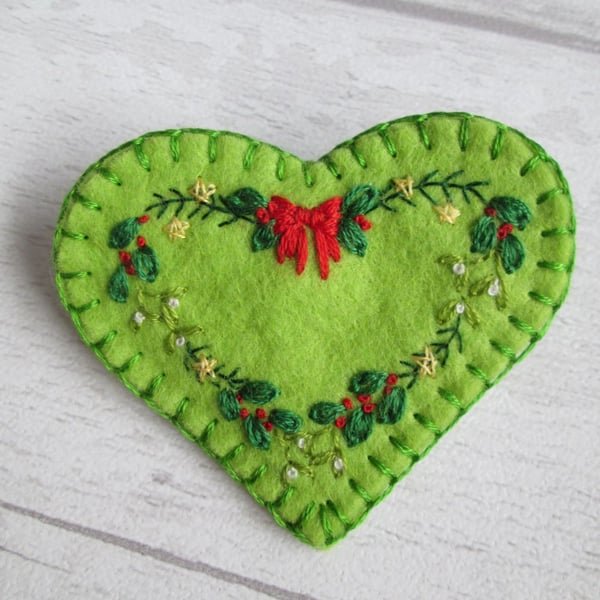 Hand Embroidered Festive Foliage, Christmas, Green Felt Heart Brooch