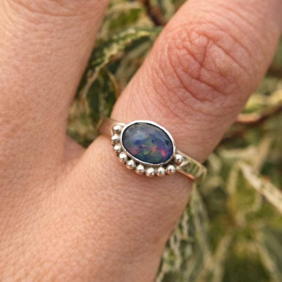 Sterling Silver Opal Ring with Granulation - Size L