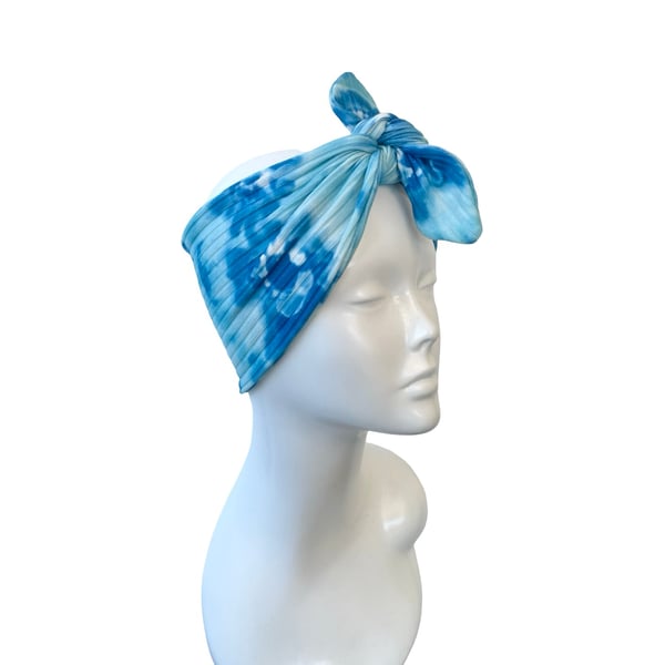 Blue and white tie dye pin up self tie bandana headscarf for women Handmade gift