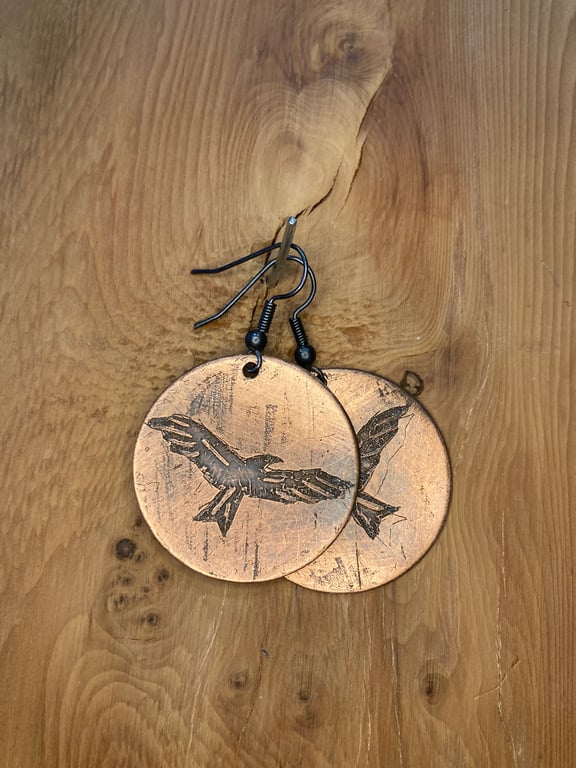 Red Kite - Handmade Etched Copper Earrings LARGE