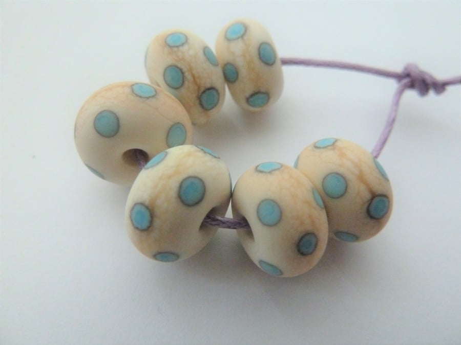 ivory and blue polka dot lampwork glass beads