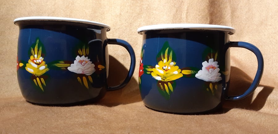Pair of enamel mugs handpainted with canal art style roses 