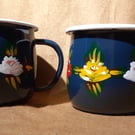 Pair of enamel mugs handpainted with canal art style roses 