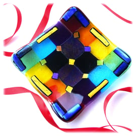 Patchwork Rainbow Dichroic Dish 12cm Fused Glass Square 004