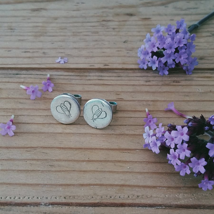  Recycled Silver Bee Stud Earrings, gift for nature lover, gift for bee lover